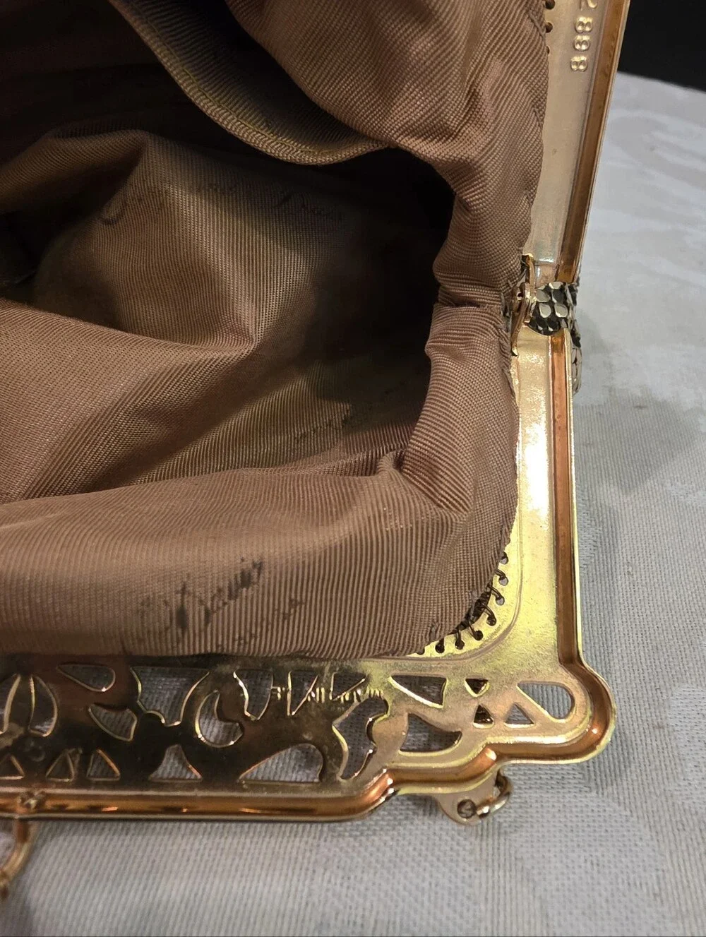 Whiting & Davis Vintage Gold Evening Bag Filigree Frame Style Model 2898